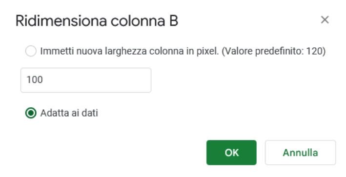 Adattare automaticamente la dimensione di righe e colonne in Google Fogli Finestra ridimensiona colonna o riga