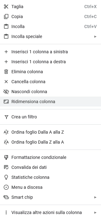 Adattare automaticamente la dimensione di righe e colonne in Google Fogli Menù ridimensiona colonna