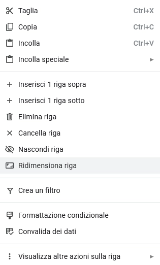 Adattare automaticamente la dimensione di righe e colonne in Google Fogli Menù ridimensionata riga