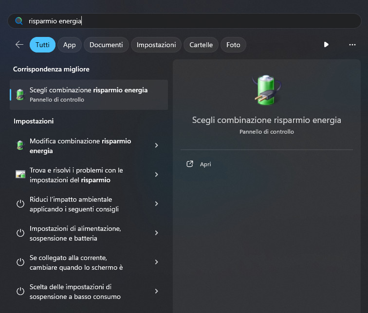 Windows 11 Risparmio energetico. Scegli la combinazione di risparmio energetico