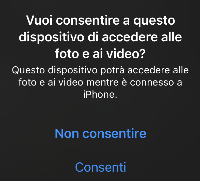 Vuoi consentire a questo dispositivo di accedere alle foto e ai video iOS popup